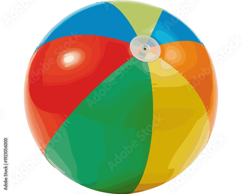 Brightly colored inflatable beach ball, round, spherical, and buoyant, floating on or near a sunny tropical shoreline, perfect for summer vacation, outdoor recreation, children's parties, poolside fun