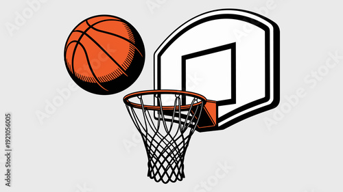 Basketball soaring towards hoop and net in dramatic motion, outdoor court setting symbolizing competition and victory, dynamic sports lifestyle visual for advertising promotions and graphic design, re