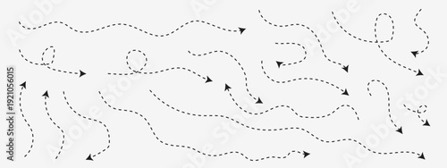 Hand drawn curve dotted line arrow set. curved pointers sign. Sketch curved dashed arrows.