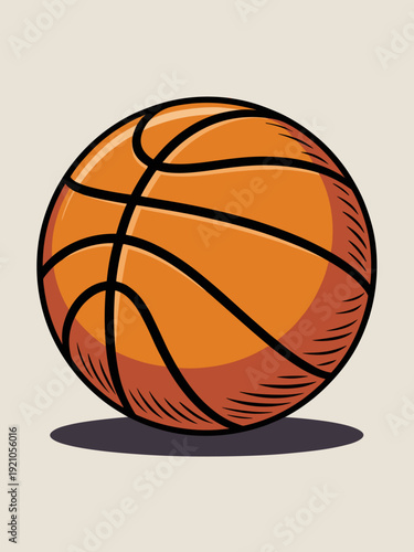 Close-up dynamic illustration of a classic orange basketball, highlighted with bold black lines emphasizing its spherical shape and textured surface, casting a soft shadow on a neutral off-white backg