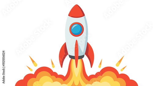 Cartoon Rocket Ship Launching Upward, Igniting Fiery Flames and Smoke Plumes, Symbolizing Innovation, Business Growth, New Beginnings, Competition, and Success in Technology and Space Exploration Indu