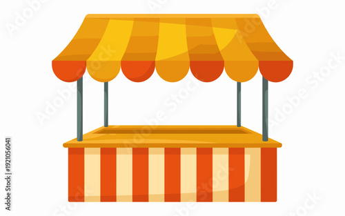 Empty Outdoor Kiosk Stall Stand for Sale with Bright Orange and Yellow Striped Awning and Countertop, Ideal for Flea Markets, Fairs, Carnivals, Street Food Vendors, Product Displays, Pop-Up Shops, Eve