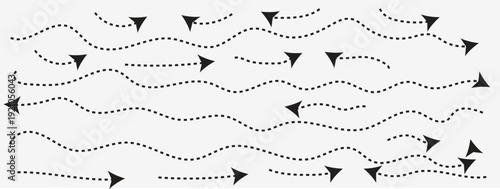 Dotted broken arrows. Doodle curves, dots, wavy lines. Directional marks for creative travel map illustrations. Hand-drawn dash arrow collection.