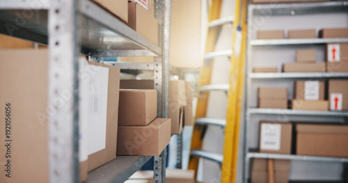 Konstfotografi Warehouse, logistics and ladder with boxes for inventory, storage unit or supply chain delivery
