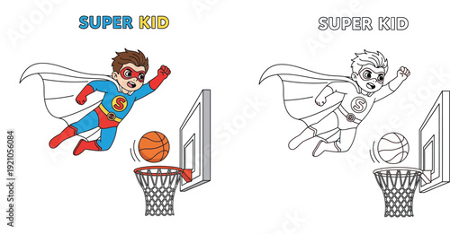 Super Kid Dunking Basketball: Cartoon Superhero in Action, Ready for Coloring Book Fun and Sporty Adventures