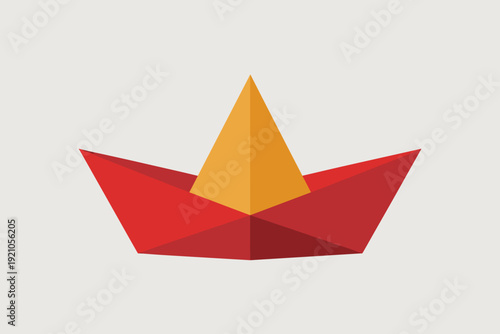 Minimalist geometric paper boat sailing on a subtle textured background, clean graphic design concept for imagination, creativity, childhood nostalgia, and childhood dreams, abstract origami toy for d