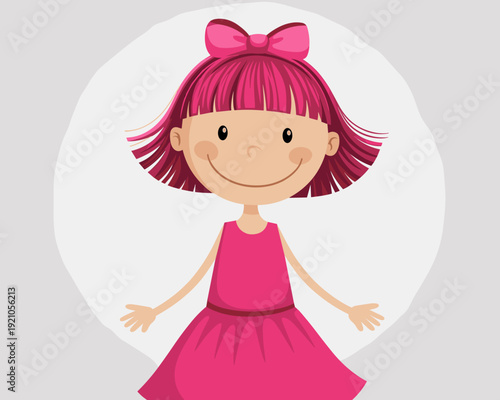 Cute cartoon girl with pink hair and bow, smiling and happy, wearing a vibrant pink dress, arms outstretched, isolated on a light grey gradient background. Adorable child illustration representing chi