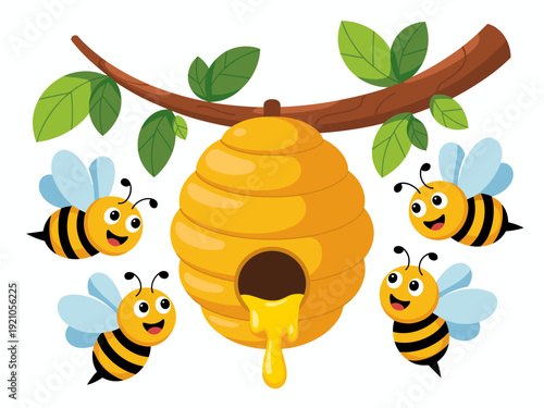 Cute cartoon bees buzzing happily around a golden honeycomb hive hanging from a tree branch adorned with green leaves, dripping honey, representing teamwork, nature, sweet treats, and summer fun, perf