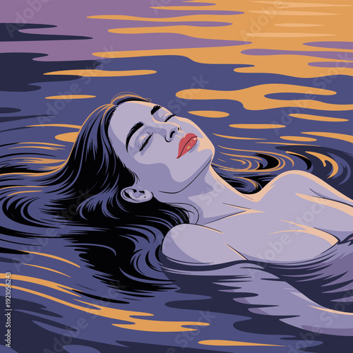 Serene Woman Floating Blissfully on Calm Water at Sunset, Peaceful Relaxation, Dreamlike Escape, Surreal Artistic Portrait, Concept of Tranquility and Solitude for Spa, Wellness, Meditation, Self-Care
