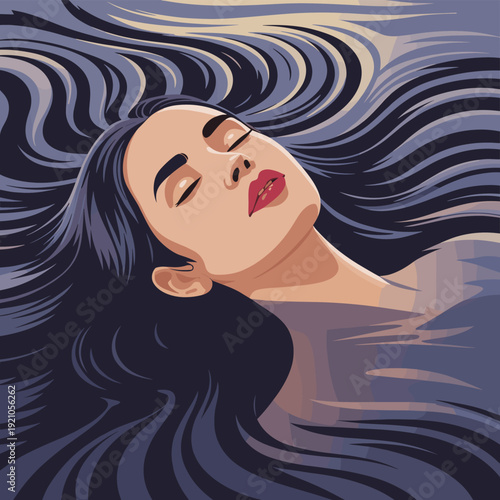 Serene Woman with Flowing Dark Hair Relaxing in a Peaceful, Dreamlike State, Ideal for Wellness, Beauty, and Spa Advertisements, Illustrating Tranquility, Calmness, and Self-Care with a Stylized, Arti