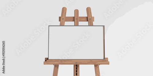 Blank Canvas on Wooden Easel with Dark Frame Displayed Centered Against Seamless White Background Studio, Presenting a Space for Artistic Creation, Design Projects, Presentations, Mockups, and Educati