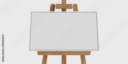 Clean Horizontal Blank White Canvas on a Wooden Artist Easel, Ready for Creativity and Design Projects Set Against a Simple White Backdrop, Ideal for Art, Education, Presentations, and Creative Inspir