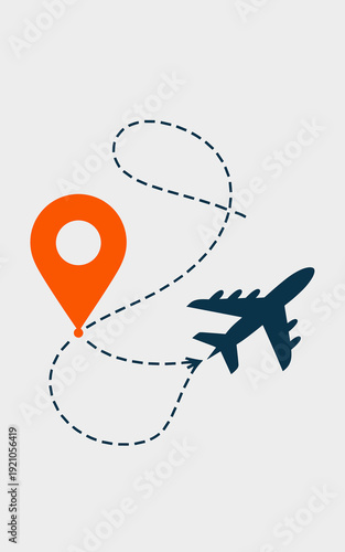 Global Travel Vector Illustration: Orange map pin locator marks starting point for dark blue airplane on dashed flight path indicating journey across world map concept, symbolizing business trips, vac