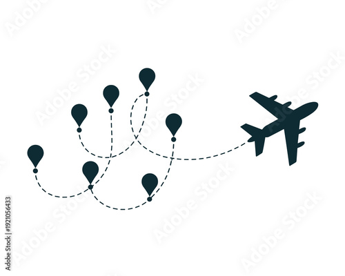 Airplane Flying on a Dotted Route Connecting Multiple Destination Pointers Indicating a Journey or Travel Itinerary Concept, Global Navigation and Logistics Planning, Business Trip and Vacation Planni