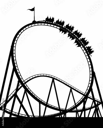 Thrilling Roller Coaster Ride Silhouette - Exciting Amusement Park Adventure at Peak Altitude with Flag, Conveying Joy, Adrenaline, Fun, and Thrill for Theme Park Entertainment, Extreme Sports, Vacati