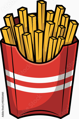Delicious Cartoon French Fries in Red and White Striped Fast Food Container, Representing Healthy Eating Habits, Cheat Meal Indulgence, and Quick Snack Solutions. Vibrant Illustration for Restaurant M