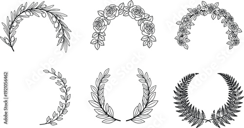 Collection of decorative floral and leaf wreaths hand-drawn botanical elements for wedding invitations and vintage design isolated on white