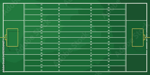 Aerial View of an American Football Field with Yard Lines and Goalposts, Green Turf Grass Sports Venue, Championship Game Concept, Outdoor Stadium Arena for Professional Teams, Training Practice, Spor