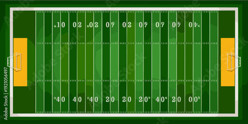 Overhead aerial view of a clean, digitally rendered American football field with yard line markings, goalposts, and end zones, symbolizing competition, strategy, sport, and the thrill of the game for