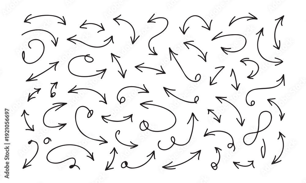 Naklejka premium Hand drawn arrows pointing in various directions on white background for graphic design