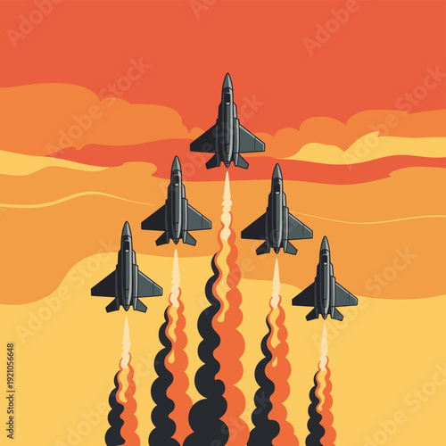 Formation of five powerful fighter jets flying in arrowhead formation, leaving fiery exhaust trails against a vibrant orange and yellow sunset sky with abstract clouds, symbolizing aviation, military
