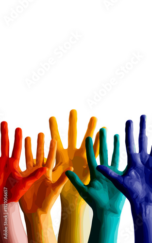 Diverse Hands Raised in Unity, Painted in Vibrant Rainbow Pride Colors, Symbolizing Equality, Diversity, Inclusion, and Support, Against a Clean White Background - Ideal for Social Justice Campaigns,