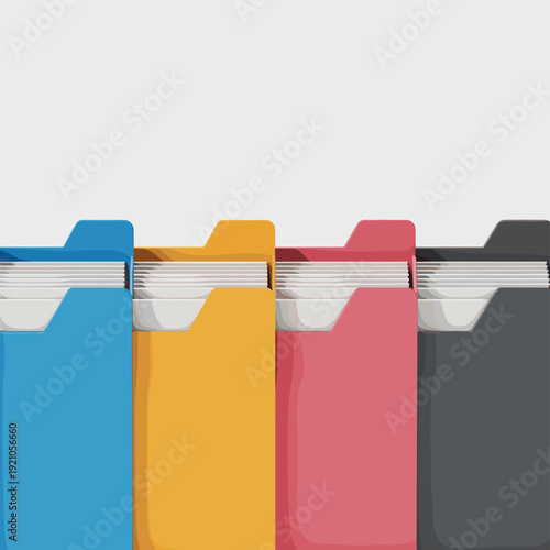 Organized Row of Colorful File Folders with Papers, Office Supply Organization, Business Document Management System, Creative Workspace Ideas, Modern Data Storage Solution, Professional Archive and Re