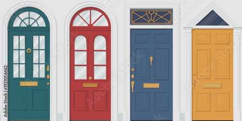 Four colorful, stylish front doors of detached houses lined up in a row, showcasing diverse architectural design, each with unique glass panes, mail slots, and ornate hardware, representing homeowners