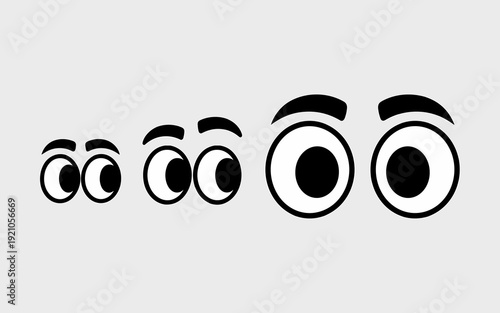 Four Cartoon Eyes in Graduating Sizes, Staring Wide-Eyed with Astonishment and Surprise, Vector Illustration on a Clean White Background, Representing Curiosity, Shock, Observation, and Reaction in Me