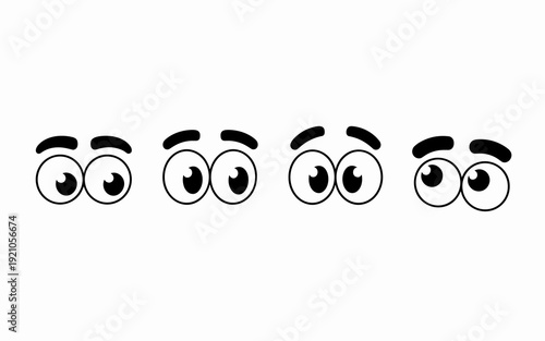 Four pairs of surprised cartoon eyes looking upwards with wide pupils and furrowed brows, isolated on a clean white background, symbolizing shock, curiosity, and sudden realization, perfect for animat