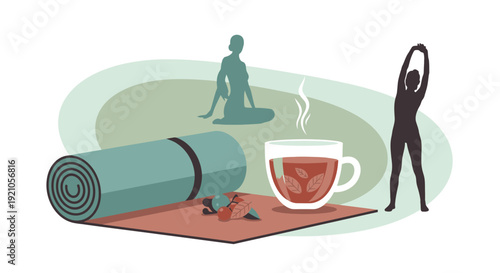 Yoga Mat with Silhouettes and Tea Cup.