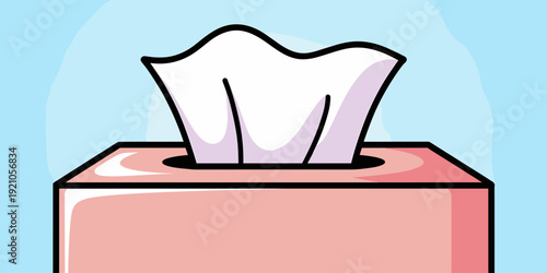 Soft white tissue paper emerging from a pink dispenser box on a light blue gradient background, perfect for healthcare, wellness, and everyday comfort, depicting hygiene, care, and relief, in a clean,