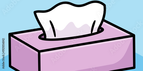 Simple Cartoon Illustration of a Pink Tissue Box with White Tissues Ready for Use, Isolated on a Soft Blue Background, Clean Hygiene Concept for Sickness, Allergies, or Everyday Use, Minimalist Graphi