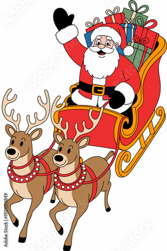 Jolly Santa Claus Merry Christmas Sleigh Ride with Reindeer and Gift Boxes, Festive Winter Holiday Season, Joyful Arctic Celebration, Cartoon Style Illustration for Seasonal Greeting Cards, Advertisin
