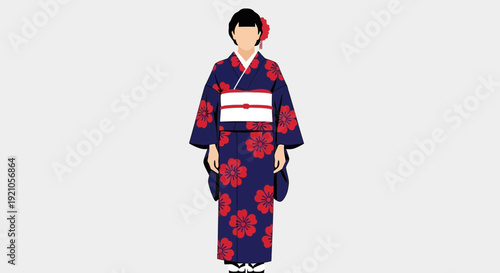 Japanese Woman in Traditional Blue Kimono with Red Flowers, Minimalist Style
