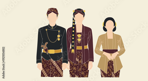 Javanese Traditional Clothing: Couple and Child in Batik