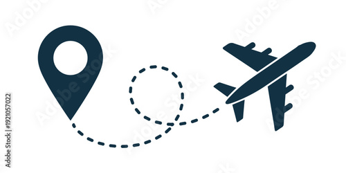 Modern dark blue airplane icon charting a dotted line path from a location pin on a clean white background, symbolizing travel, journey, departure, destination, and global aviation, ideal for websites