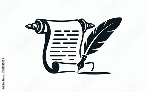 Elegant Quill Pen and Scroll Illustration: Masterful Writing and Calligraphy Concept, Vintage Document with Text Lines, Symbol of Knowledge, Literature, History and Creativity, Old Manuscript for Educ