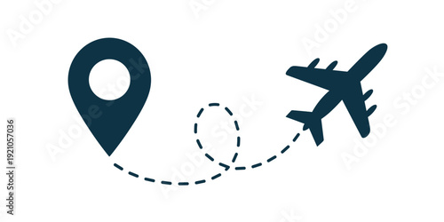 Dark blue silhouette of a modern airplane charting its course on a dashed dotted line route map from a location marker pin, symbolizing travel, journey, adventure, and global connectivity for tourism,