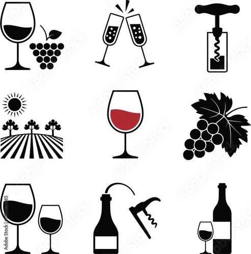 Collection of wine vector icons featuring bottles glasses grapes corkscrews and vineyard landscapes for winery branding restaurant menus celebration events and alcohol industry graphic designs