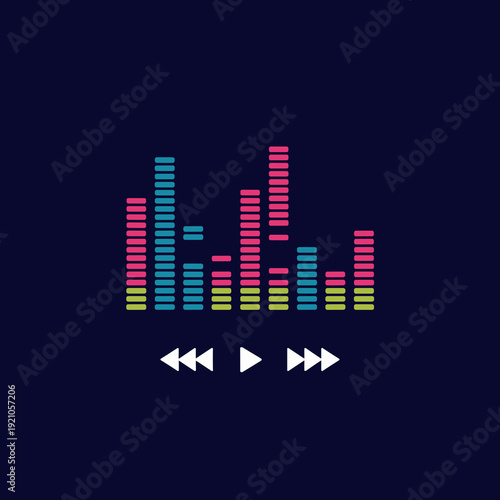 Dynamic digital audio equalizer bar graph and music player controls, representing sound waves, DJ mixing, technology, and entertainment. Perfect for music apps, websites, posters, and modern graphic d