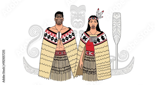Maori Couple Traditional Attire with Tā moko and Korowai Cloaks