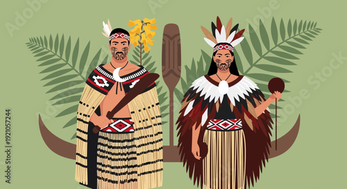 Maori Couple in Traditional Attire with Cultural Symbols