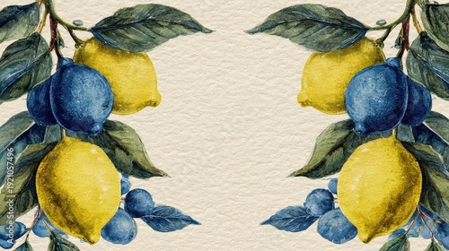 Mosaic Tile Art of Yellow Lemons and Blue Berries with Green Leaves and Cream Background