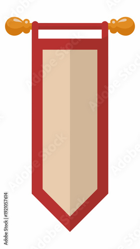 Medieval Red Banner Hanging from Gold Rod with Decorative Finials, Ancient Heraldic Standard Vector Illustration, Historical Royal Flag Design for Gaming, Fantasy, and Event Decoration, Traditional Sy