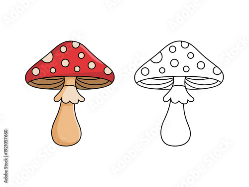 Cute Cartoon Amanita Muscaria Mushroom Icon with Red Cap and White Spots, Vector Illustration Isolated on White Background. Perfect for Educational Material, Children's Books, Forest Themes, Fantasy D