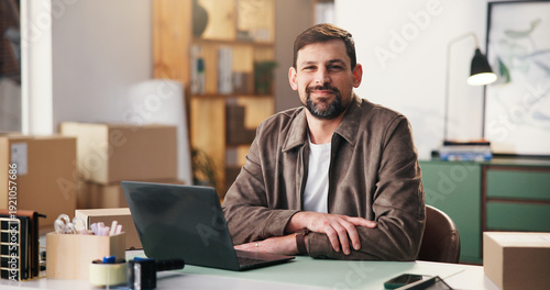 Schilderij op canvas Portrait, smile and man in office for shipping, procurement startup and laptop in small business