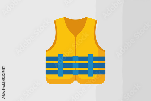 Bright yellow safety vest with blue straps, symbolising life jacket for water activities like swimming, boating, and water sports; essential personal protective equipment for marine adventures, recrea