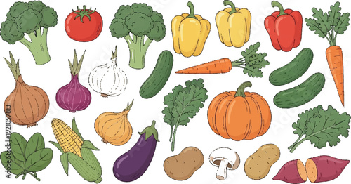 A vibrant and diverse collection of fresh vegetables and fruits. Vector