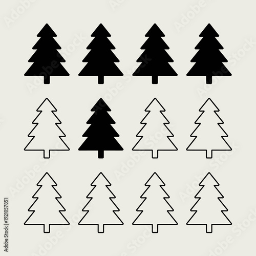 Collection of diverse Christmas tree icons, featuring solid black silhouettes and outlined designs, arranged in a modern grid layout suitable for holiday graphics, digital marketing, festive invitatio